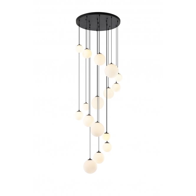 RYLEE 16 Light Pendant Cluster in Satin Black with Opal Glass