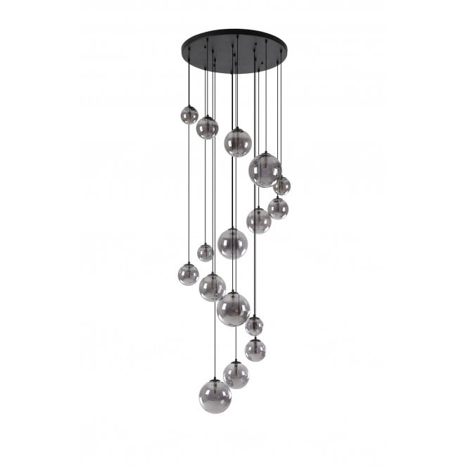 RYLEE 16 Light Pendant Cluster in Satin Black with Smoke Plated Glass