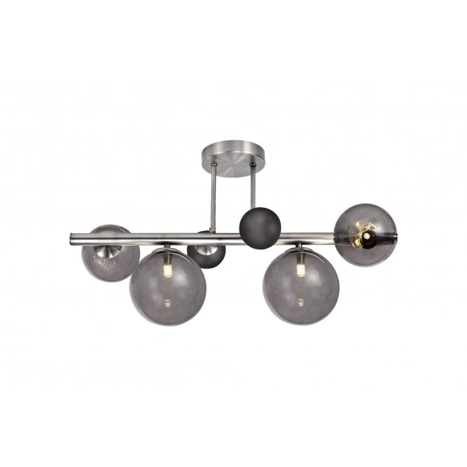 RYLEE 4 Light Semi-Flush Ceiling Fitting Polished Chrome with black and Smoked Glass Globe Shades