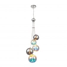 RYLEE 5 Light Ceiling Pendant Cluster in Polished Chrome with Iridescent Glass