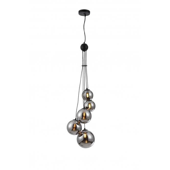 RYLEE 5 Light Ceiling Pendant Cluster in Satin Black with Chrome Plated Glass Shades