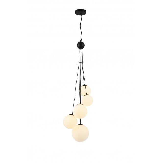 RYLEE 5 Light Ceiling Pendant Cluster in Satin Black with Opal Glass Shades
