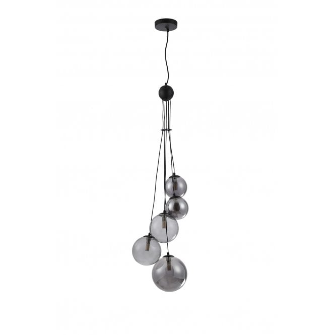 RYLEE 5 Light Ceiling Pendant Cluster in Satin Black with Smoked-Plated Glass