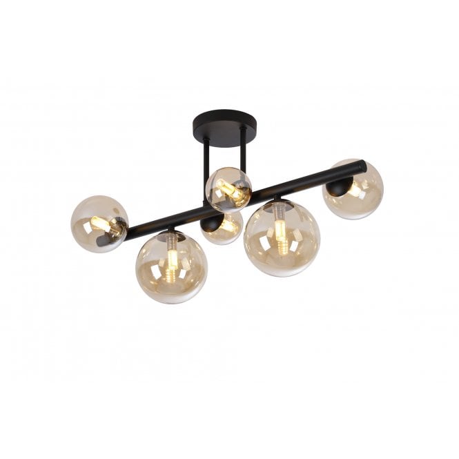RYLEE 6 Light Semi Flush Ceiling Light in Satin Black with Amber Plated Glass