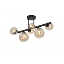 RYLEE 6 Light Semi Flush Ceiling Light in Satin Black with Amber Plated Glass