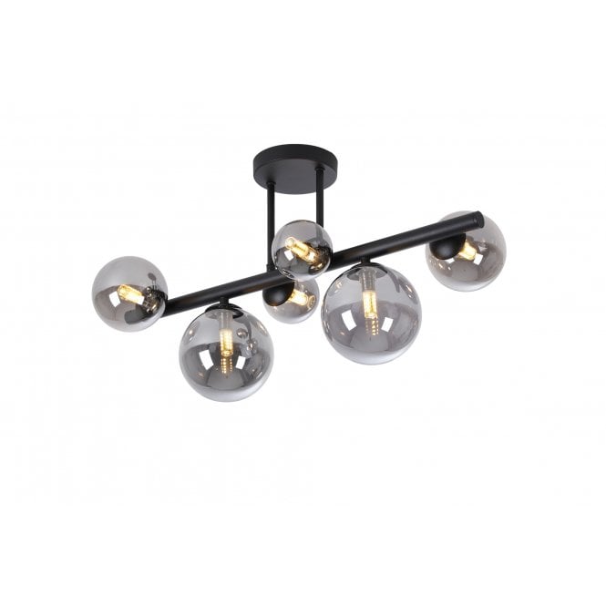 RYLEE 6 Light Semi Flush Ceiling Light in Satin Black with Smoke Plated Glass