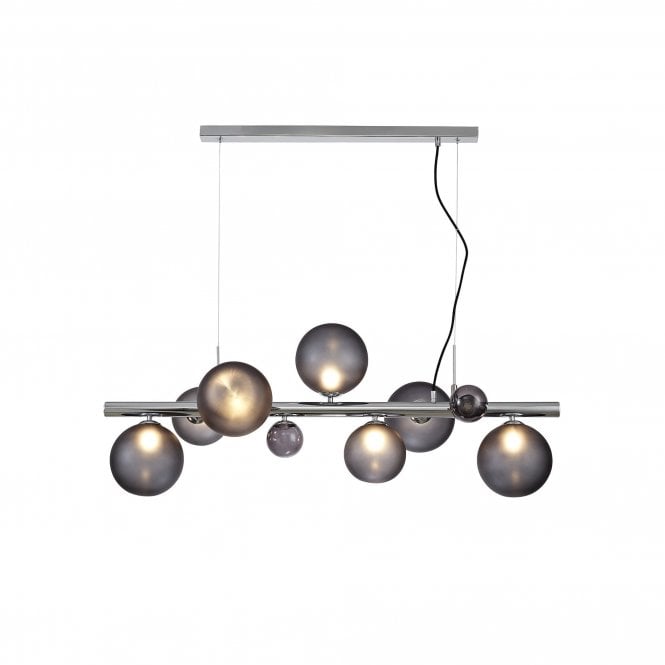 RYLEE 7 light chrome ceiling pendant bar with smoked glass globe shades