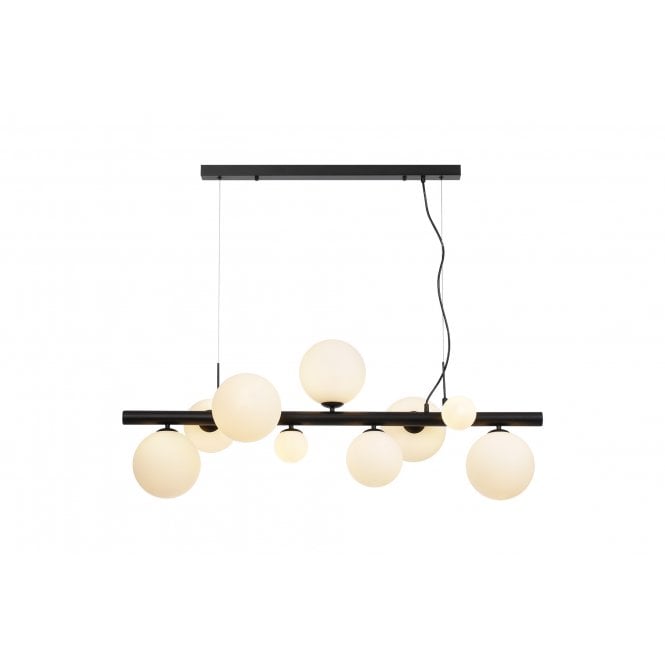 RYLEE 9 Light Satin Black Ceiling Pendant Light Bar With Opal Glass Globes