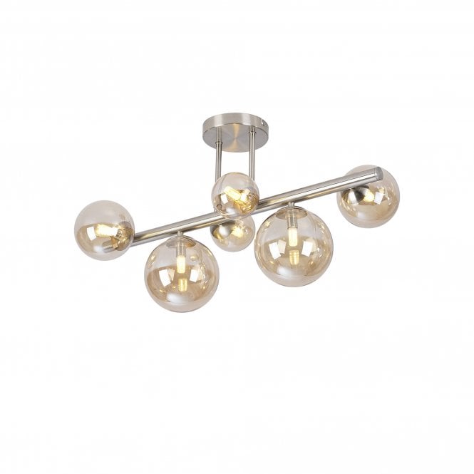RYLEE Semi Flush Ceiling Light | 6 x G9 | Satin Nickel | Amber Plated Glass