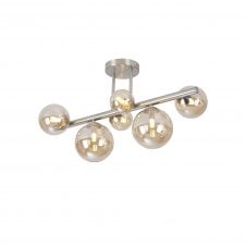 RYLEE Semi Flush Ceiling Light | 6 x G9 | Satin Nickel | Amber Plated Glass