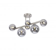 RYLEE Semi Flush Ceiling Light | 6 x G9 | Satin Nickel | Smoke Plated Glass
