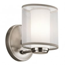 modern pewter wall light with organza shade and opal glass inner shade
