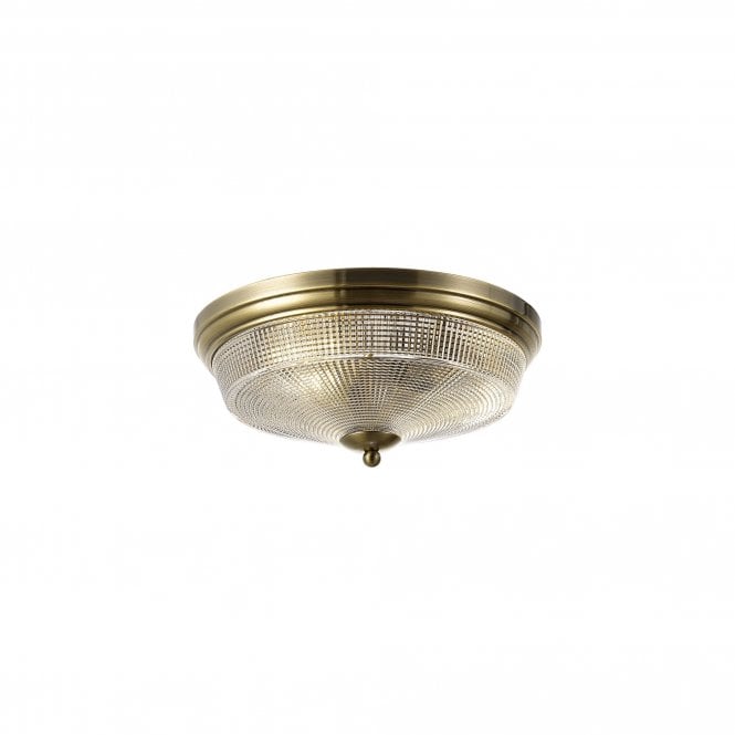 SALOON 2 Light E27 Flush Ceiling Light | Antique Brass and Prismatic Glass