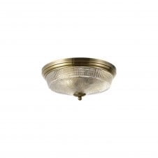 SALOON 2 Light E27 Flush Ceiling Light | Antique Brass and Prismatic Glass