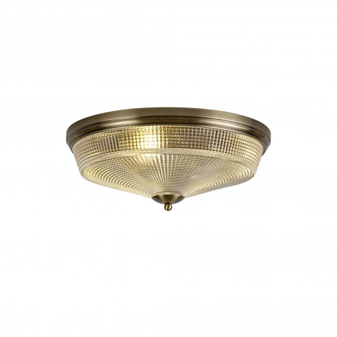 SALOON 3 Light E27 Flush Ceiling Light | Antique Brass and Prismatic Glass