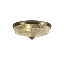 SALOON 3 Light E27 Flush Ceiling Light | Antique Brass and Prismatic Glass