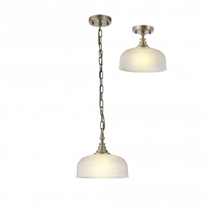 SALOON Flush and Single Pendant | 1 Light Adjustable E27 | Antique Brass and Prismatic Glass