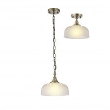 SALOON Flush and Single Pendant | 1 Light Adjustable E27 | Antique Brass and Prismatic Glass