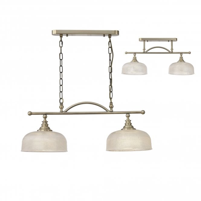 SALOON Semi Flush and Pendant Bar | 2 Light Adjustable E27 | Antique Brass and Prismatic Glass