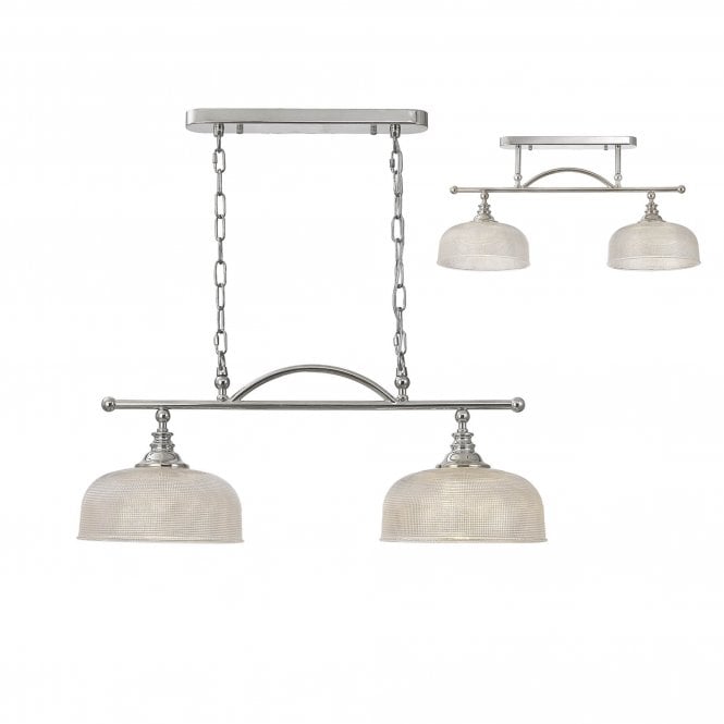 SALOON Semi Flush and Pendant Bar | 2 Light Adjustable E27 | Polished Nickel and Prismatic Glass