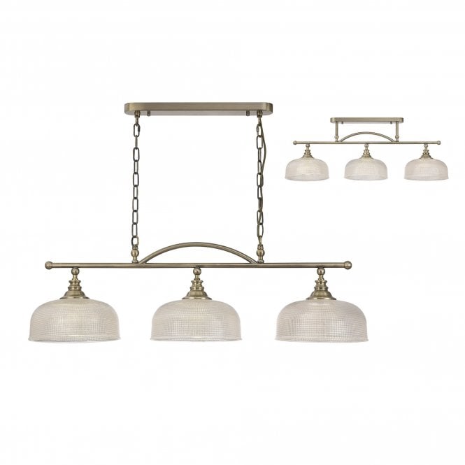 SALOON Semi Flush and Pendant Bar | 3 Light Adjustable E27 | Antique Brass and Prismatic Glass