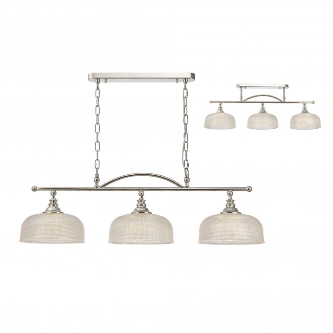 SALOON Semi Flush and Pendant Bar | 3 Light Adjustable E27 | Polished Nickel and Prismatic Glass