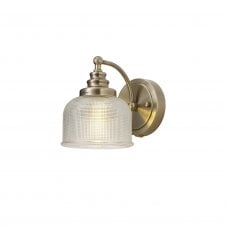 SALOON Switched Wall Lamp 1 Light E27 Antique Brass and Prismatic Glass