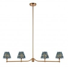 4 light brass linear pendant with blue ikat pattern shades