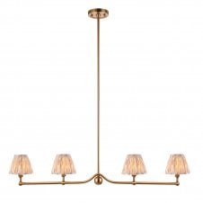 brass 4 light linear pendant with neutral ikat pattern shades