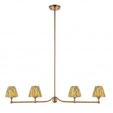 brass 4 light linear pendant with yellow & green ikat pattern shades