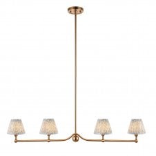 brass 4 light linear pendant with blue leaf pattern shades