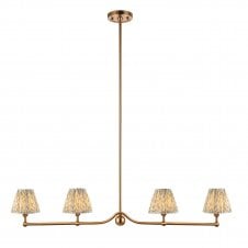 brass 4 light linear pendant with green leaf pattern shades