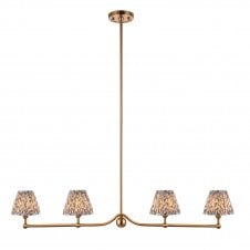 brass 4 light linear pendant with grey leaf pattern shades