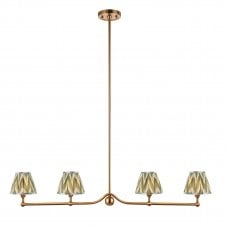 brass 4 light linear pendant with green zigzag pattern shades