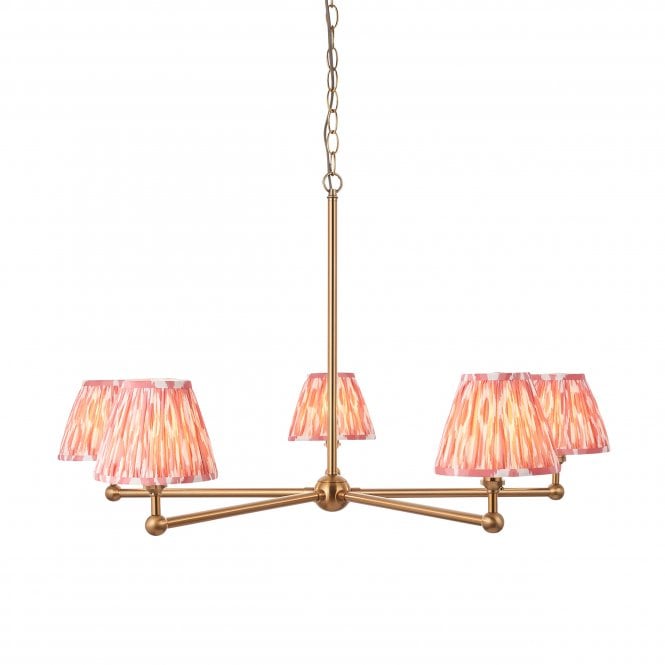 Santiago 5 Light Brushed Brass Pendant with Ikat Shades in Coral Pink