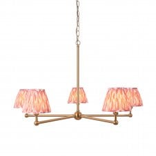 brass five light ceiling pendant with ikat coral shades