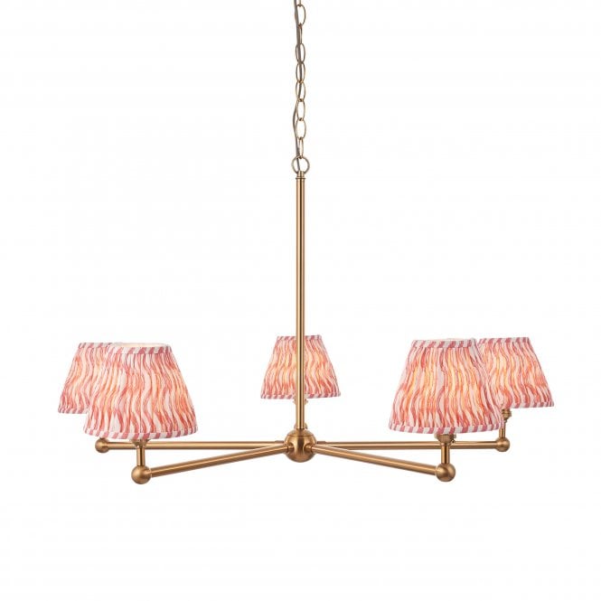 Santiago 5 Light Brushed Brass Pendant with Ripple Shades in Coral Pink