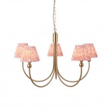 brass curved 5 light ceiling pendant with coral ripple pattern shades