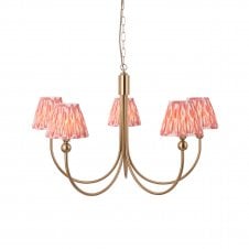 brass 5 light curved ceiling light with ikat shades in coral