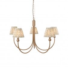 brass 5 light curved ceiling pendant with leaf pattern green shades