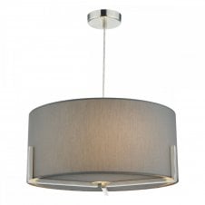 SANTINO satin chrome ceiling pendant with grey faux silk shade