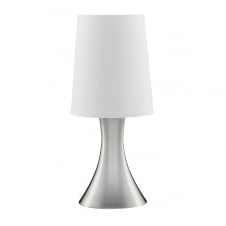 modern touch lamp in satin silver with white shade