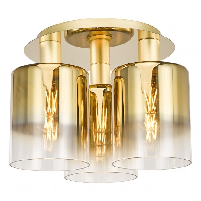 Savannah 3 Light Flush Ceiling Light in Satin Gold and Gold Ombre Glass Shades