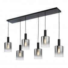 6 Light Bar Pendant Matt Black Smoked Glass Ombre Height Adjustable Double Insulated Indoor Light