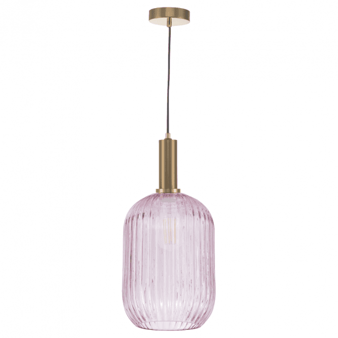 Sawyer Ceiling Pendant in Bronze with Pink Ribbed Glass Shade