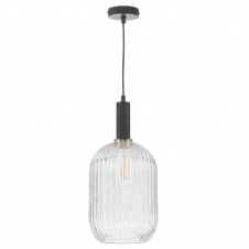 Matt Black And Copper Suspension With SAWYER Clear Ribbed Glass Shade