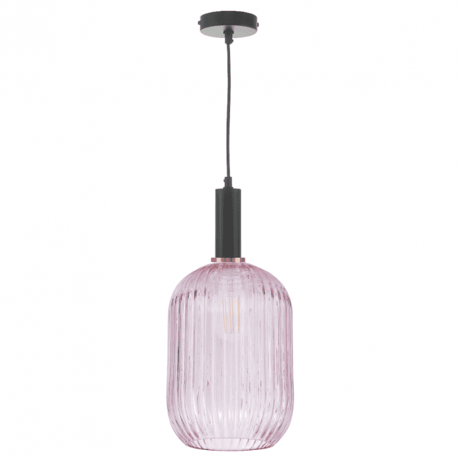 Sawyer Ceiling Pendant in Matt Black & Bronze with Pink Ribbed Glass