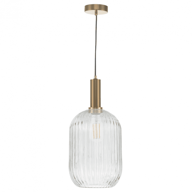 Sawyer Ceiling Pendant in Satin Bronze with Clear Ribbed Glass Shade