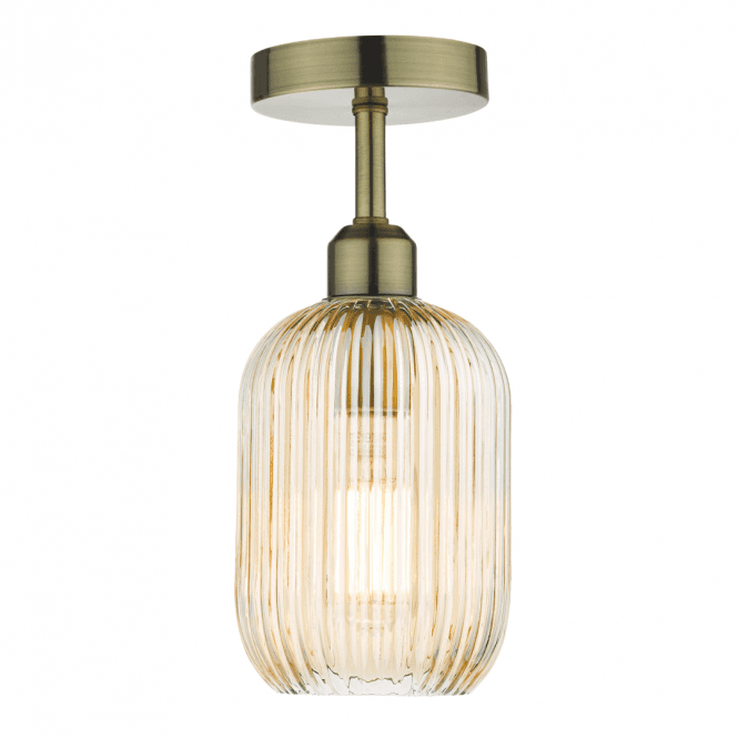 Sawyer Semi-Flush in Antique Brass with Champagne Ribbed Glass Shade