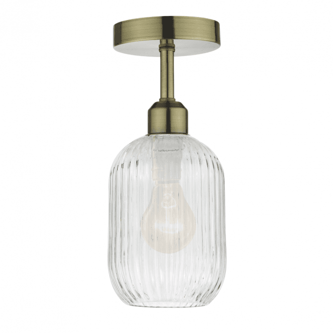Sawyer Semi-Flush in Antique Brass with Clear Ribbed Glass Shade